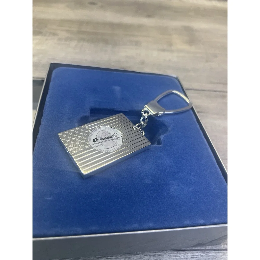 H.E. Harris Flag Keychain New Old Stock Car Truck American Flag Silver Plated